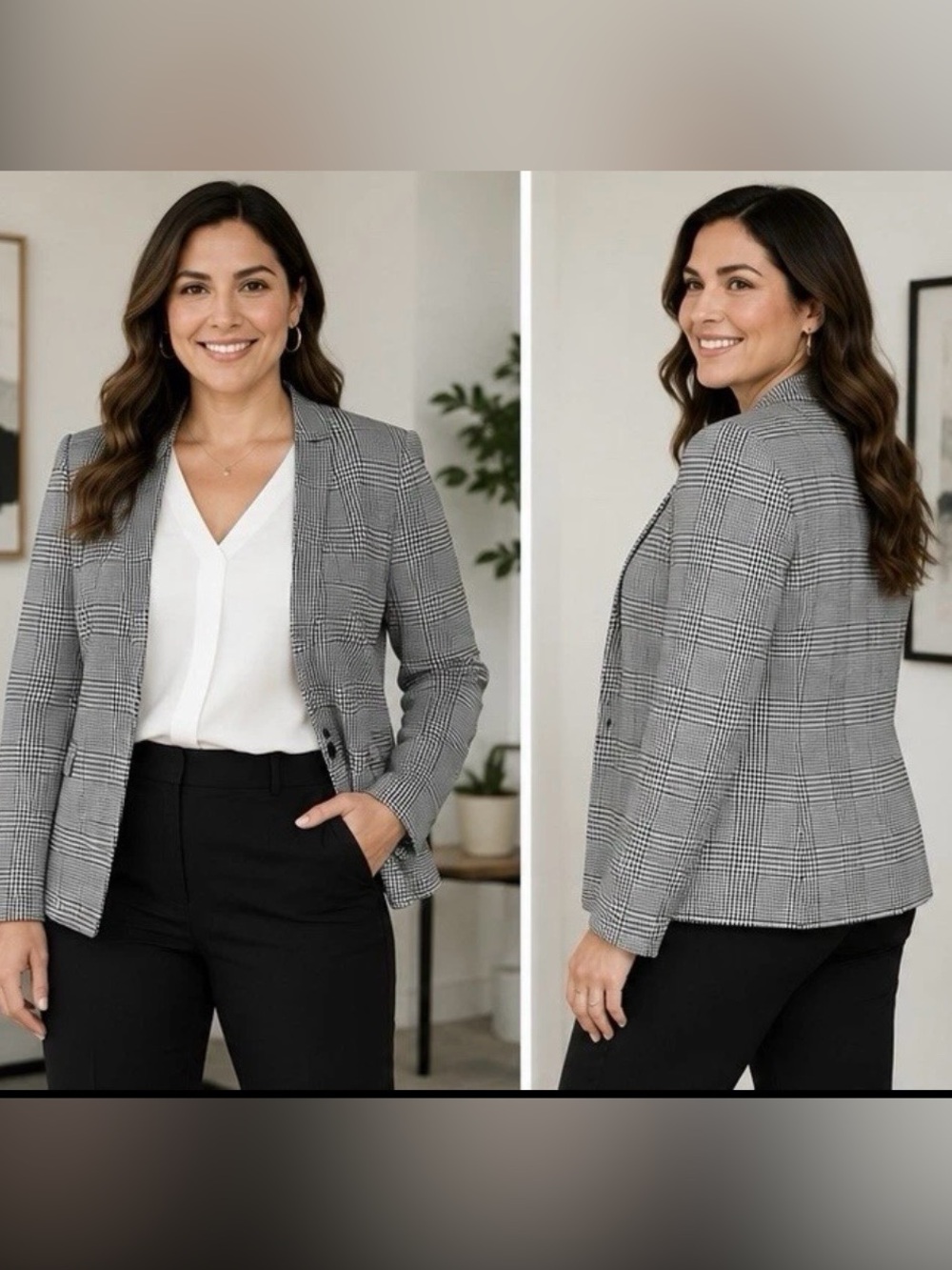 Express Size 18 Black White Glen Plaid Open Front Stretch Career Blazer Jacket‎